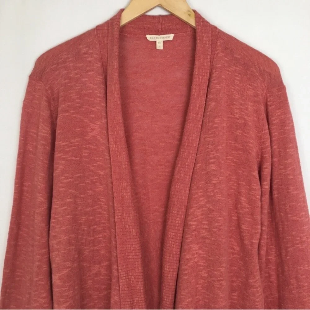 Eileen Fisher Open Waterfall Front Cardigan Sweater Linen Blend Asymmetrical